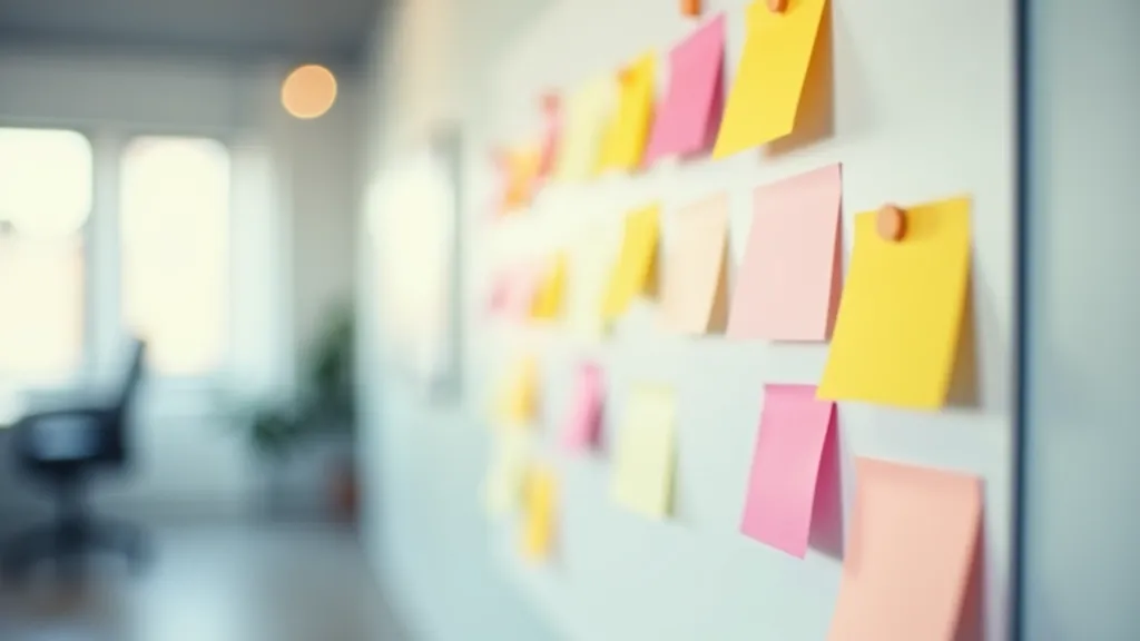 Kanban stila dēlis uz sienas ar uzdevumiem, kartītes dažādos stāvokļos